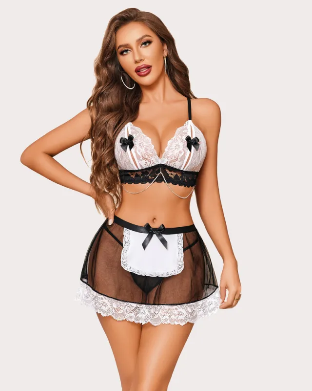 Maid Costume Floral Lace Lingerie With Chain sold by Avid Love