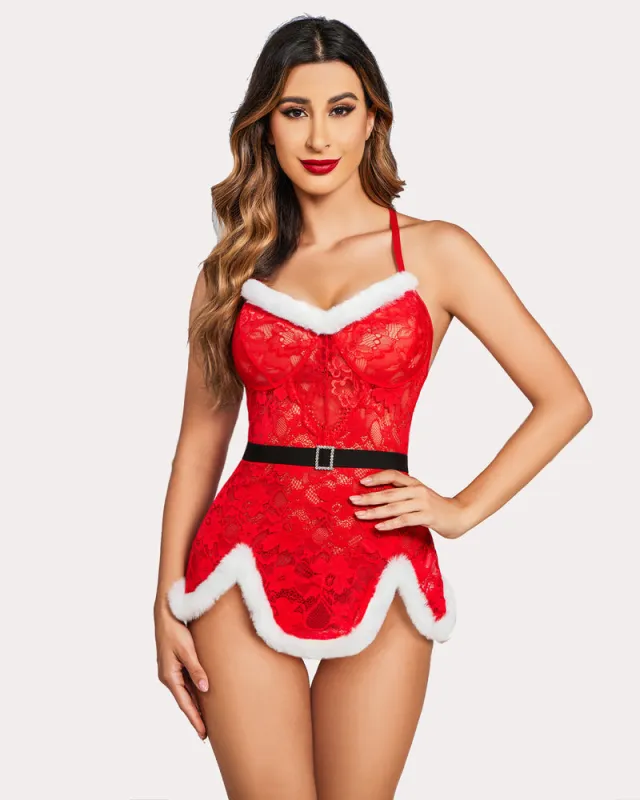 Santa Red Lace Chemise with Belt sold by Avid Love