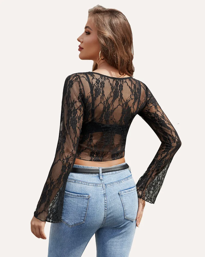Long Sleeve Sheer Floral Lace Tops sold by Avid Love product image thumbnail 2