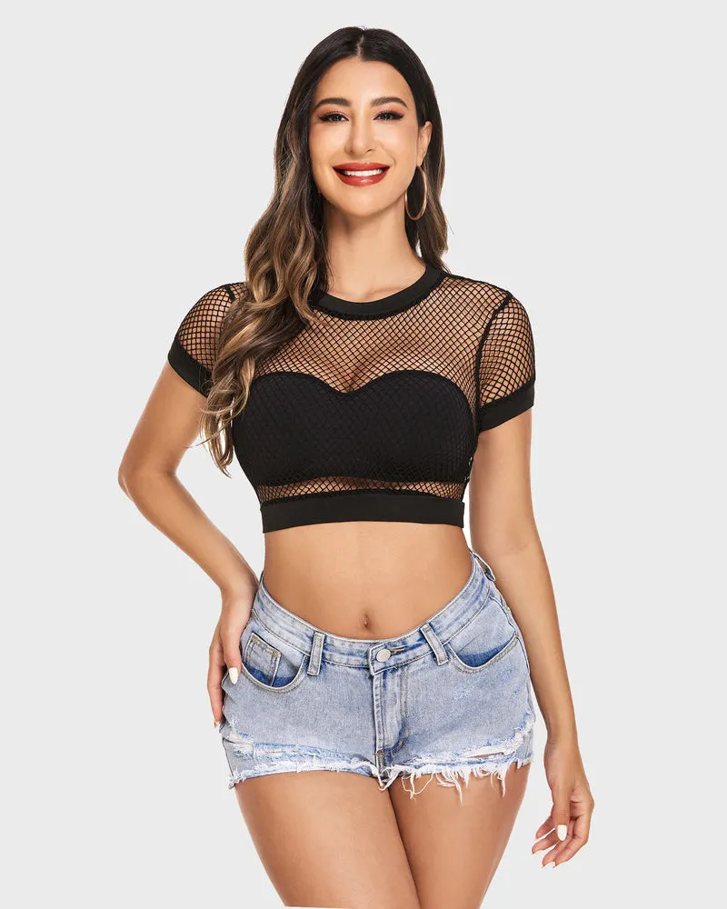 Fishnet Crop Top Short Sleeve Mesh Shirt sold by Avid Love