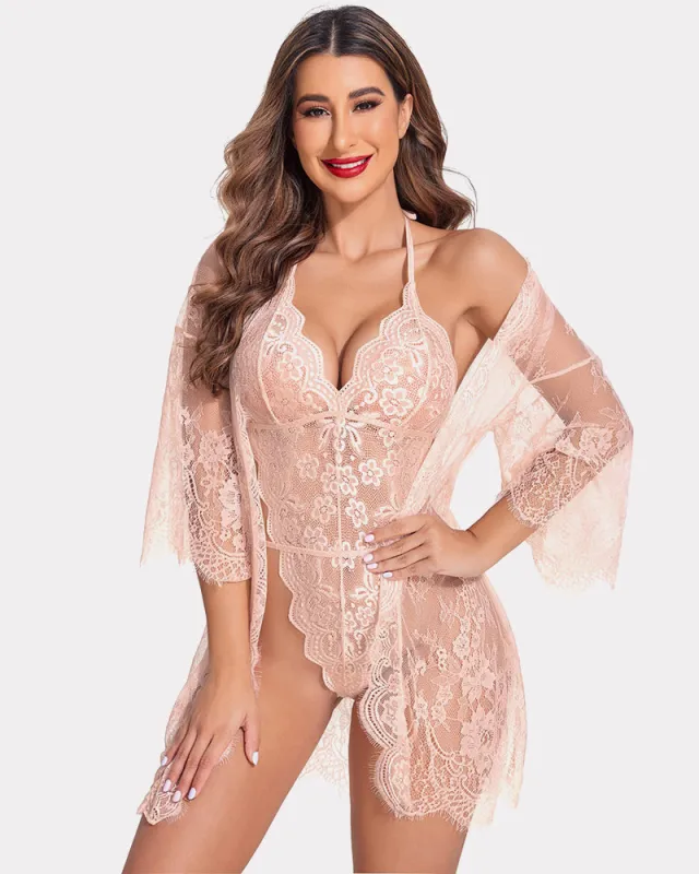 2 Piece Set Lace Robe with Teddy sold by Avid Love