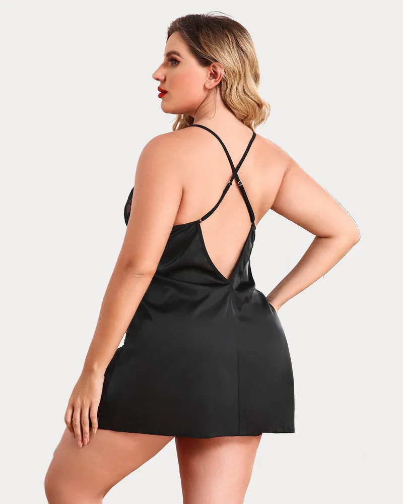 Plus Size Satin Lace Side Slit Chemise sold by Avid Love product image thumbnail 3