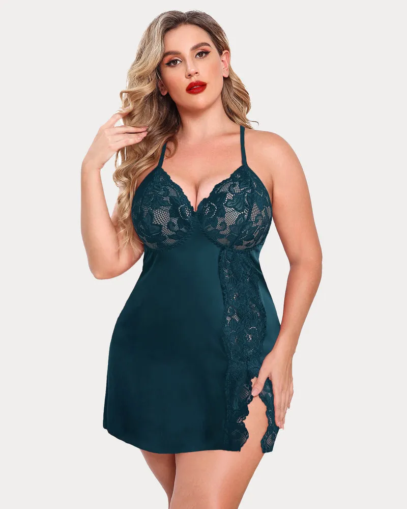 Plus Size Satin Lace Side Slit Chemise sold by Avid Love product image thumbnail 4