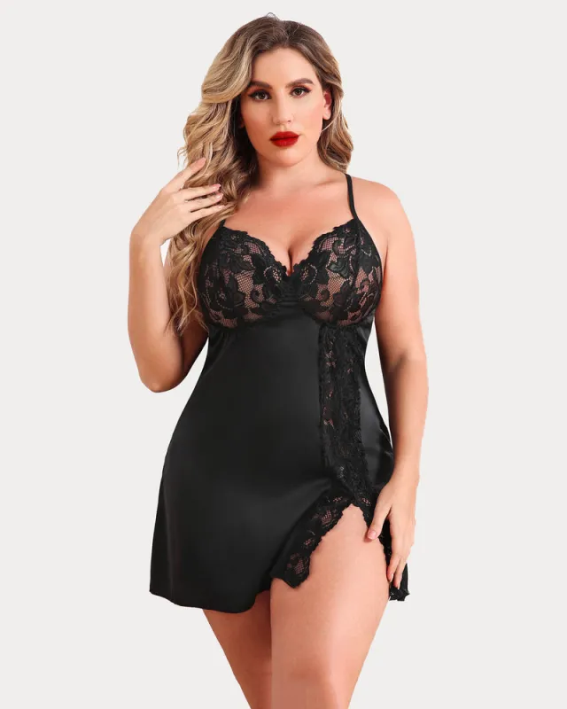 Plus Size Satin Lace Side Slit Chemise sold by Avid Love