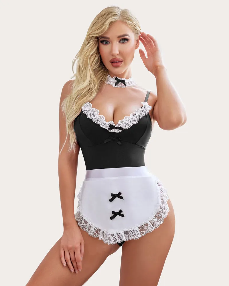 Maid Costume Set Teddy and Apron with Choker sold by Avid Love