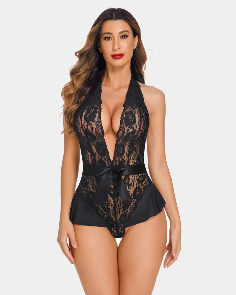 Lace Teddy Bodysuit Halter V Neck One Piece sold by Avid Love product image thumbnail 4
