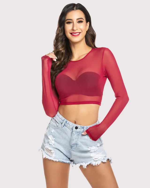 Mesh Crop Top Long Sleeve See Through Shirt sold by Avid Love