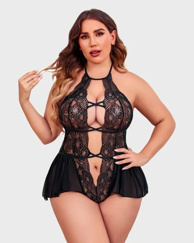 Plus Size Deep V Lace Bodysuit Teddy sold by Avid Love