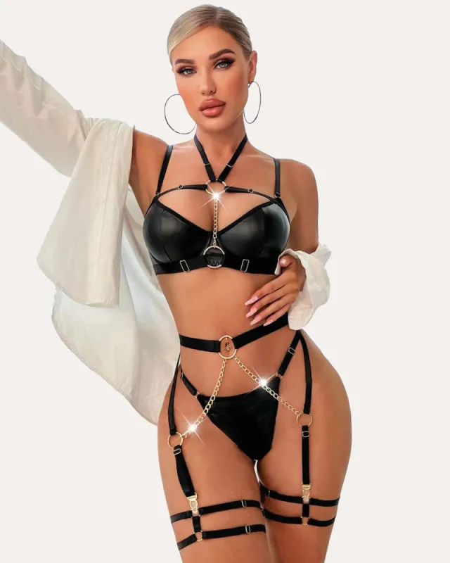 5 Piece Leather Push Up Bra with Chain sold by Avid Love