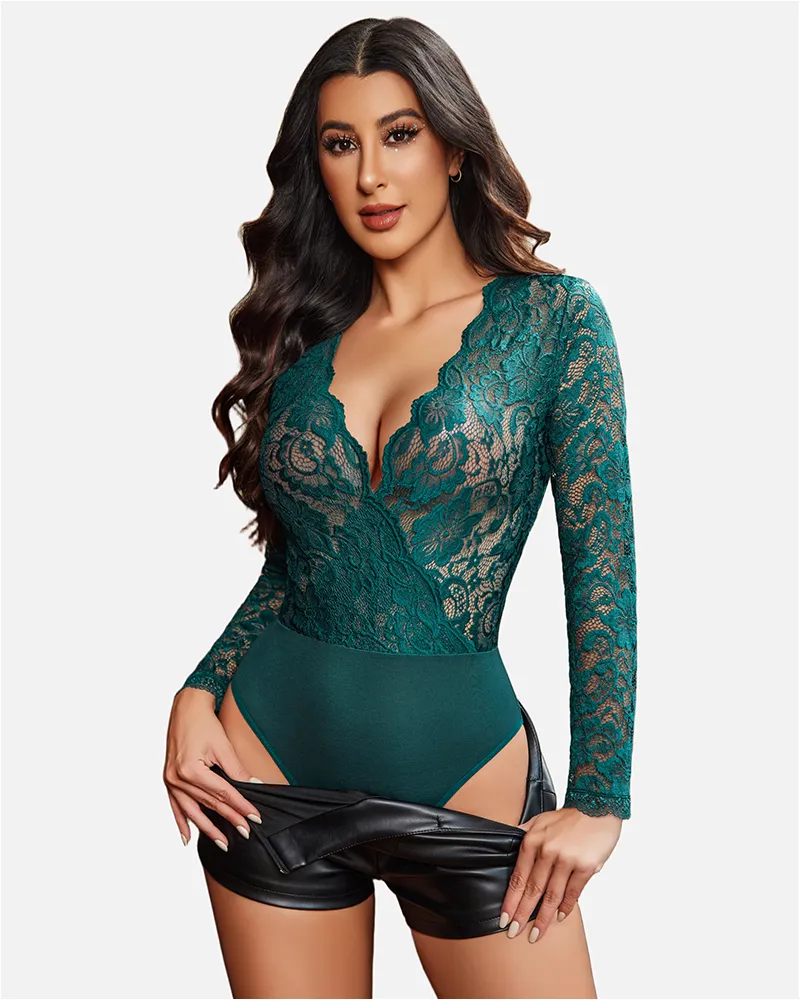 Deep V Snap Crotch Lace Bodysuit sold by Avid Love