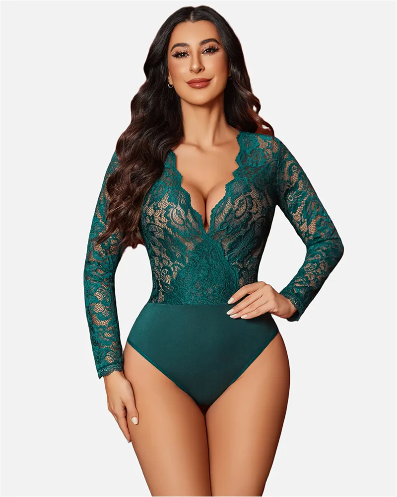 Deep V Snap Crotch Lace Bodysuit sold by Avid Love product image thumbnail 2