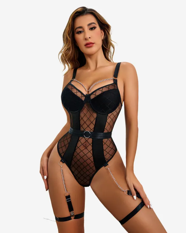 Push Up Bra Mesh Bodysuit Set with Chain sold by Avid Love