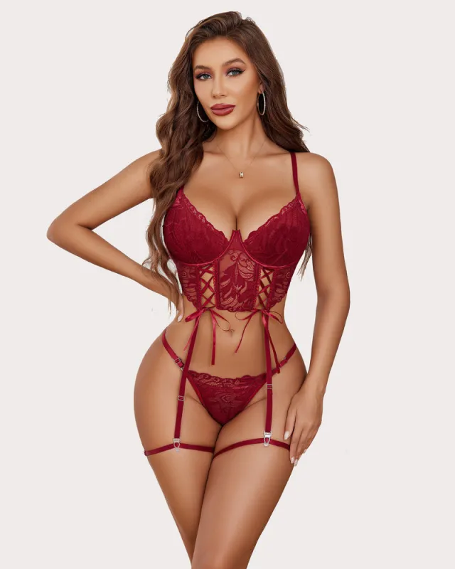 4 Piece Garter Floral Lace Bra and Panty Sets sold by Avid Love