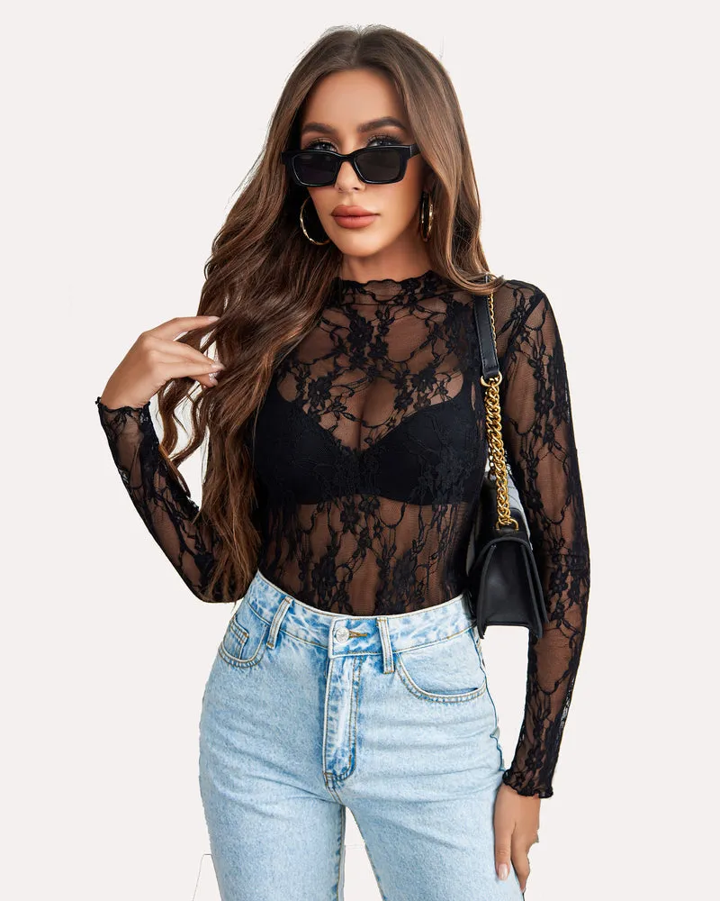 Long Sleeve Floral Lace Sheer Blouse sold by Avid Love product image thumbnail 2