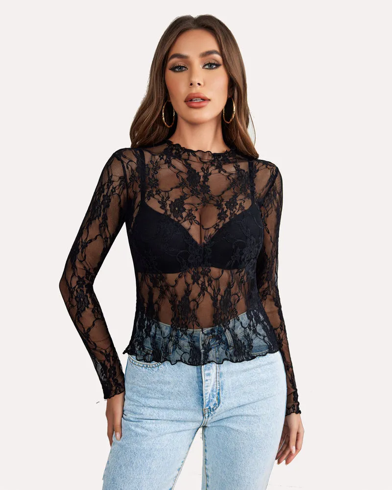 Long Sleeve Floral Lace Sheer Blouse sold by Avid Love