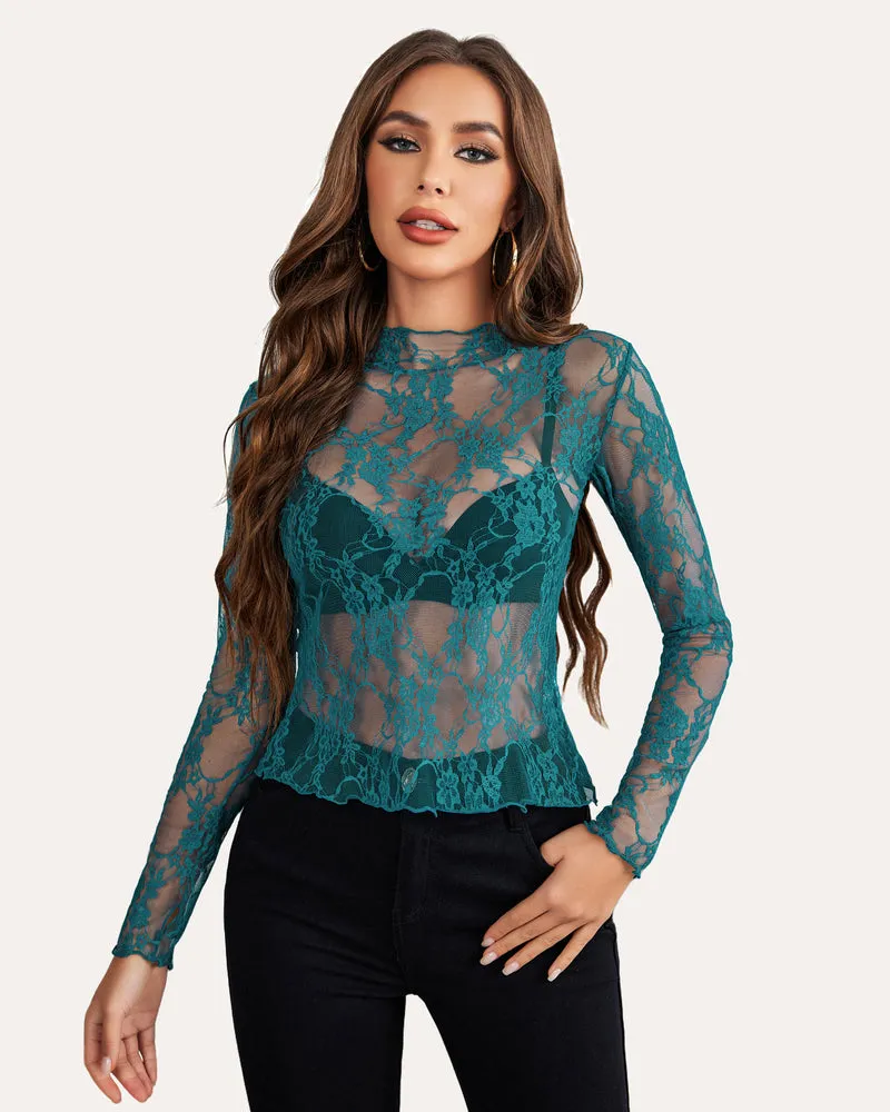 Long Sleeve Floral Lace Sheer Blouse sold by Avid Love product image thumbnail 4