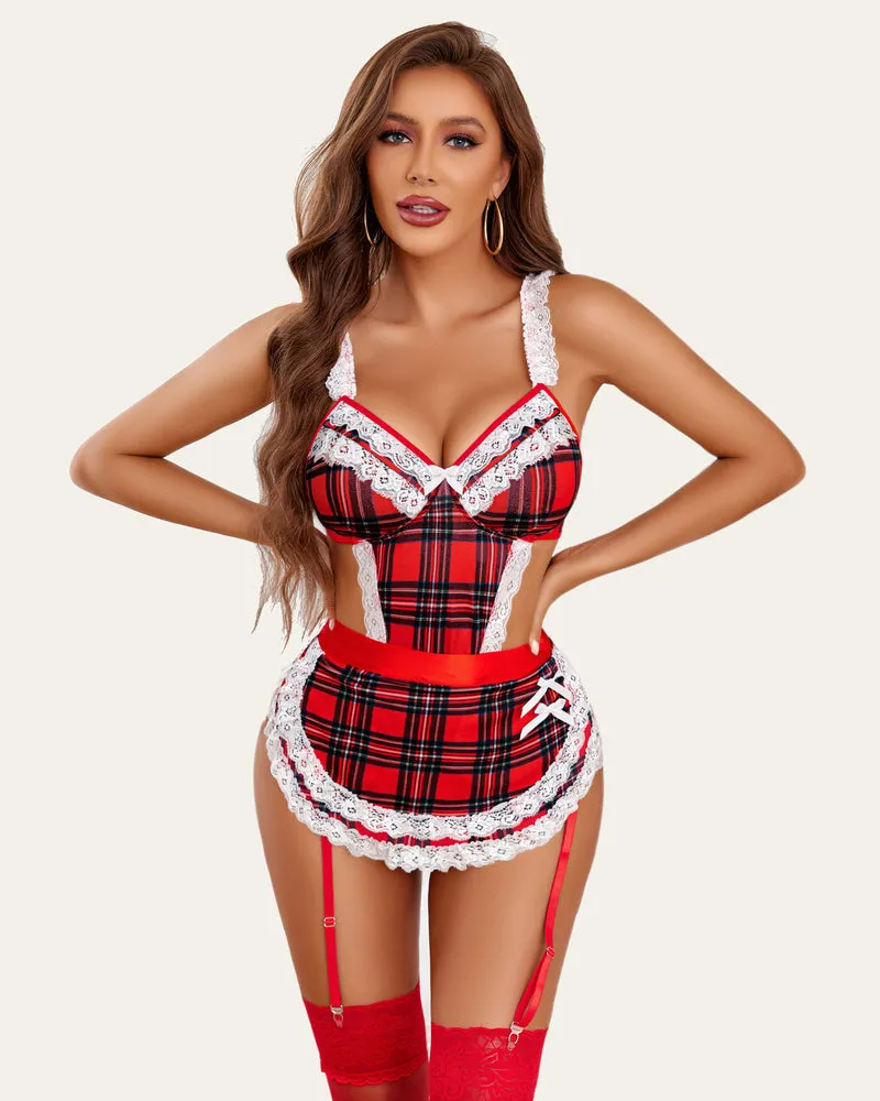 Cosplay Maid Outfit Plaid Lace Teddy sold by Avid Love product image thumbnail 2