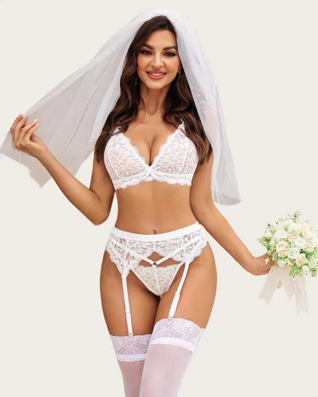 3 Piece Lace Leaves Bra and Panty Set with Garter Blet sold by Avid Love