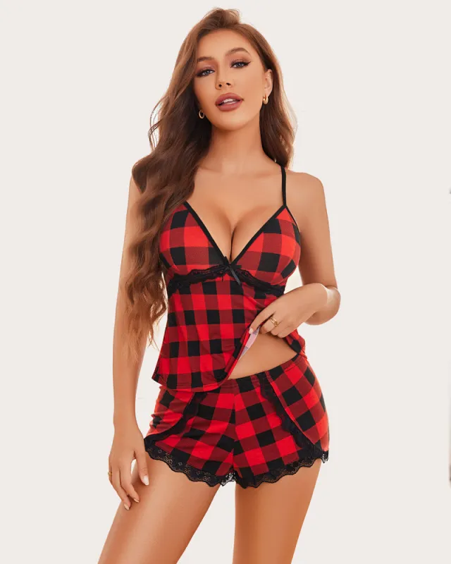 Plaid Pajamas Lace Trim Short Pjs Sets made by Avid Love
