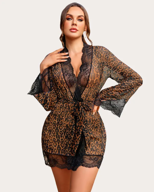 Leopard Lace Kimono Robe Mesh Nightgown made by Avid Love