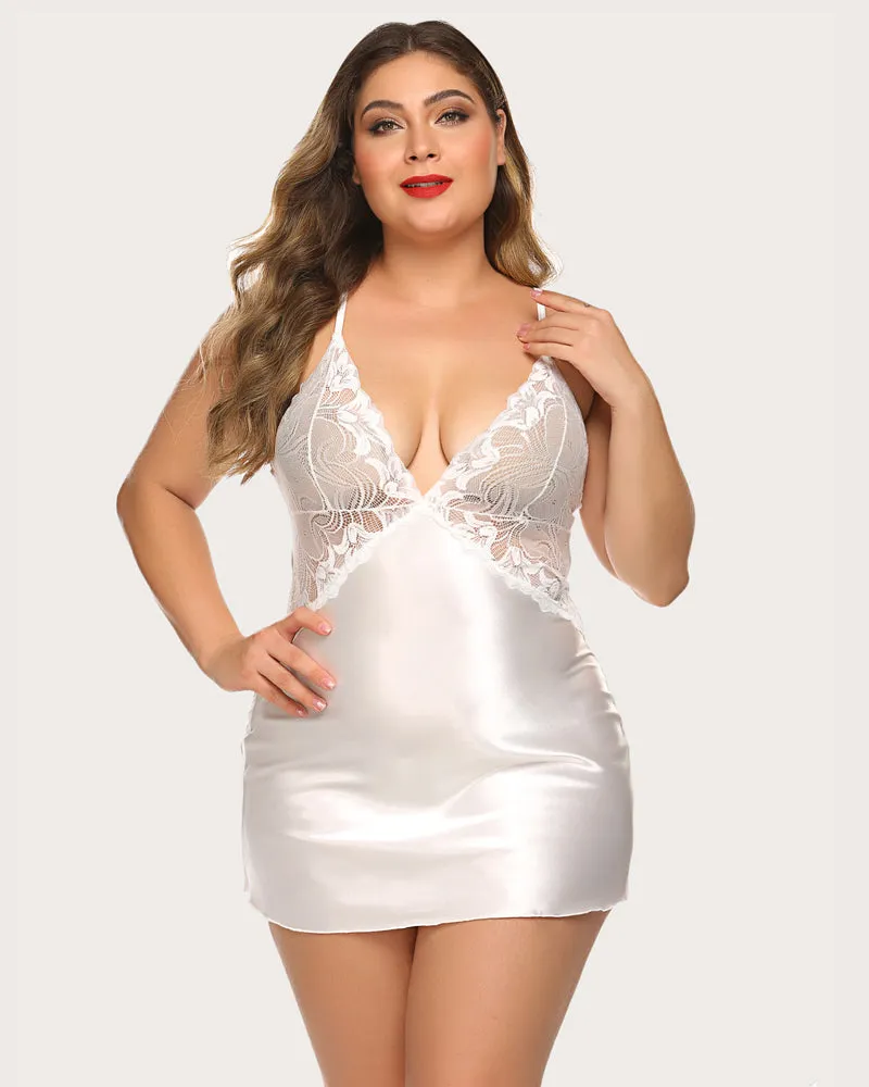 Plus Size V Neck Lace Satin Sleepwear sold by Avid Love product image thumbnail 2
