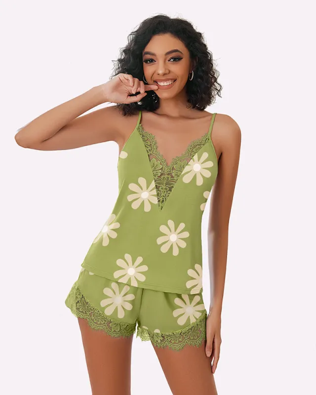 Floral Pajama Set Lace Trim Short PJ Set made by Avid Love