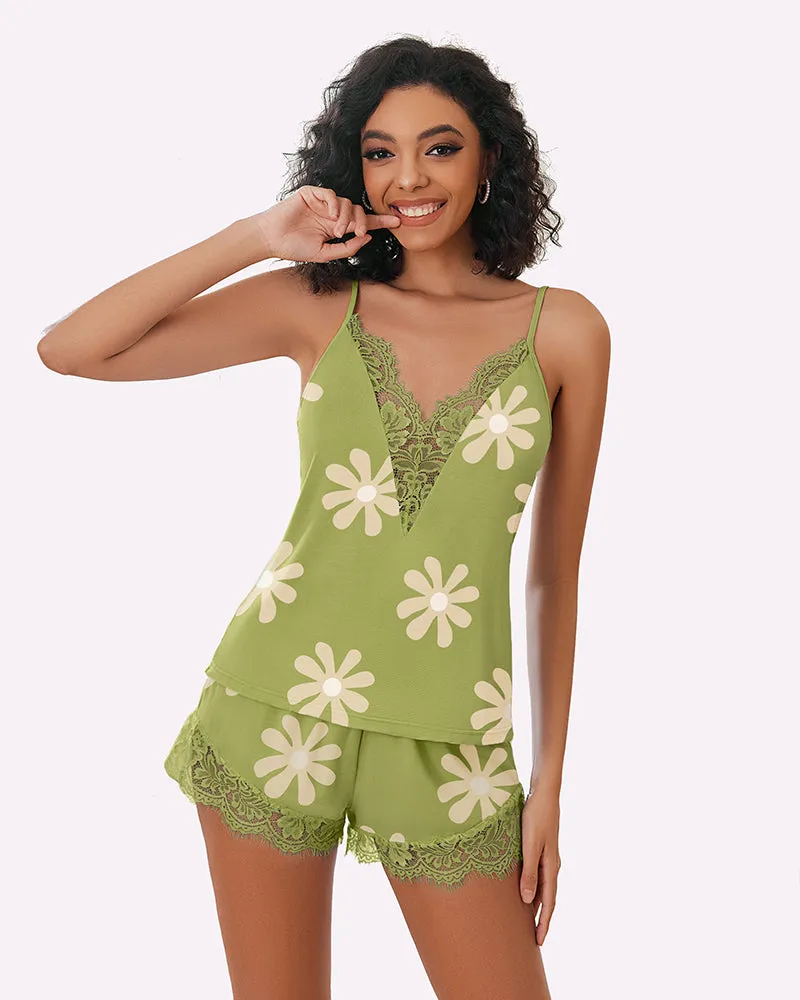 Floral Pajama Set Lace Trim Short PJ Set sold by Avid Love