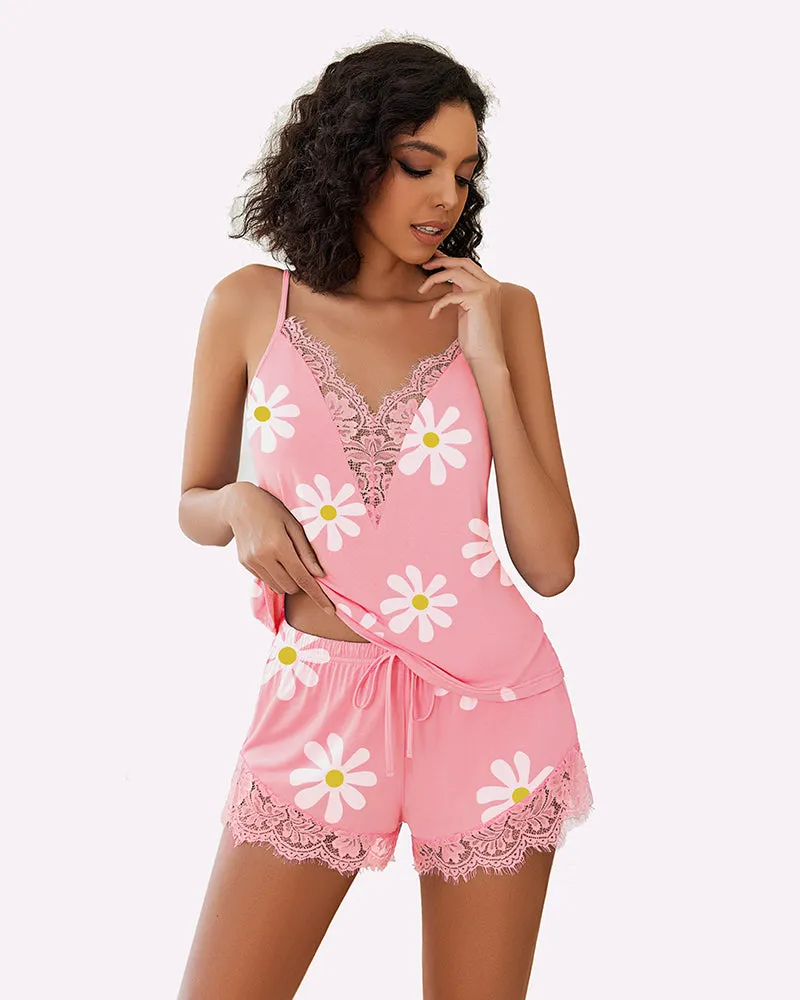 Floral Pajama Set Lace Trim Short PJ Set sold by Avid Love product image thumbnail 4