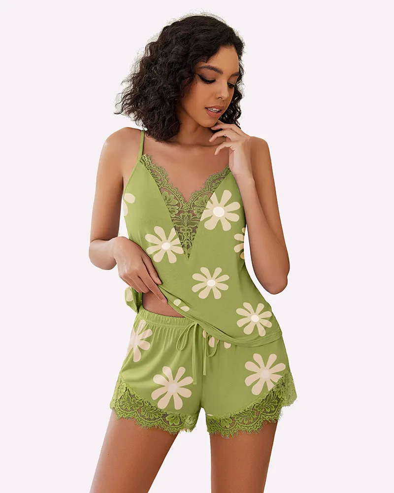 Floral Pajama Set Lace Trim Short PJ Set sold by Avid Love product image thumbnail 2