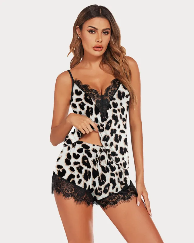 Lace Trim Leopard Print Pajama Set made by Avid Love