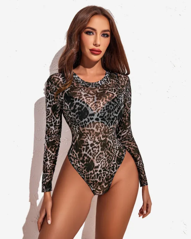 Mesh Sheer Leopard Long Sleeve Bodysuit made by Avid Love