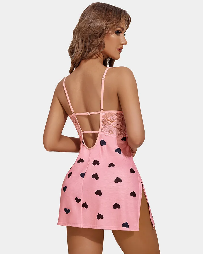 Heart Print Lace Side Slit Nightgown sold by Avid Love product image thumbnail 2