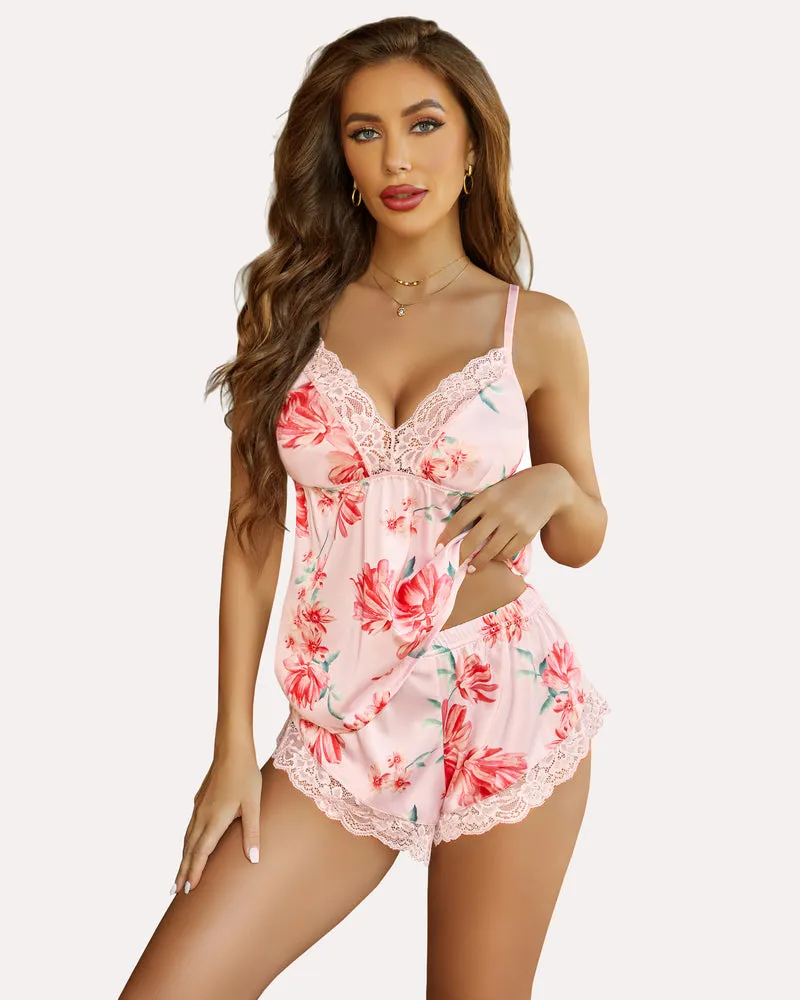 Floral Print Lace Satin Pajamas Set sold by Avid Love product image thumbnail 2