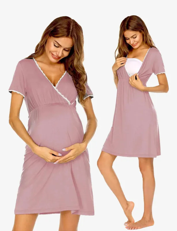 Nursing Nightgown Short Sleeve Maternity Breastfeeding Dress made by Ekouaer