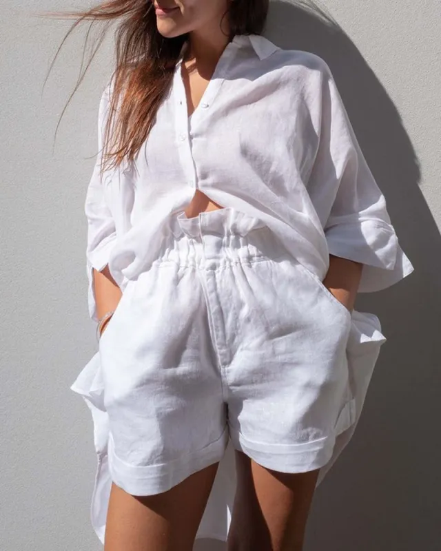 Button-up Shirts Tops Shorts Set made by zeagoo