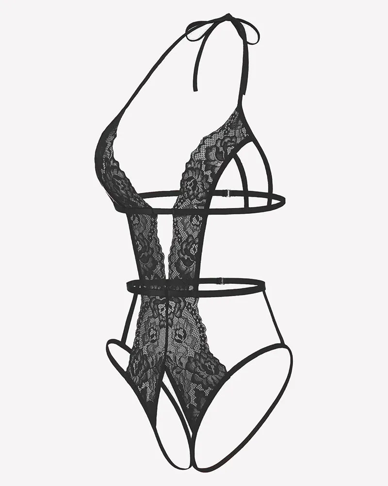 Deep V Halter Lingerie Crotchless Lace Bodysuit sold by Avid Love product image thumbnail 2