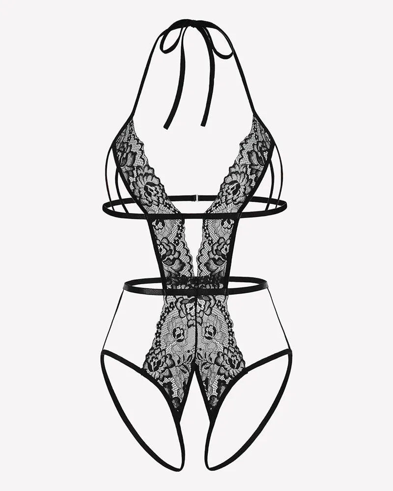 Deep V Halter Lingerie Crotchless Lace Bodysuit sold by Avid Love product image thumbnail 3