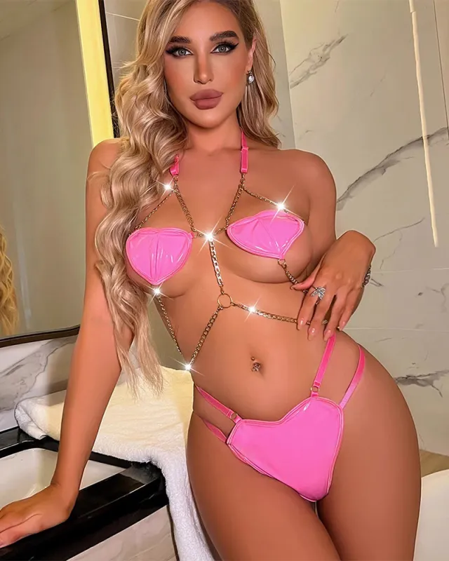 Wet Look Harness Chain Hollow Bodysuits made by Avid Love