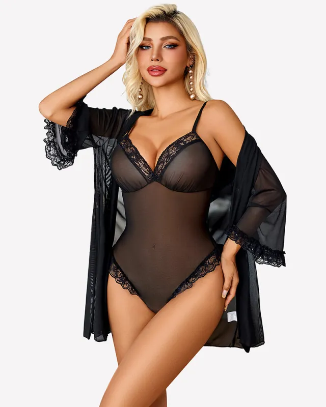 Lace Bodysuit Robe Set 2 Piece Mesh Boudoir Outfits made by Avid Love