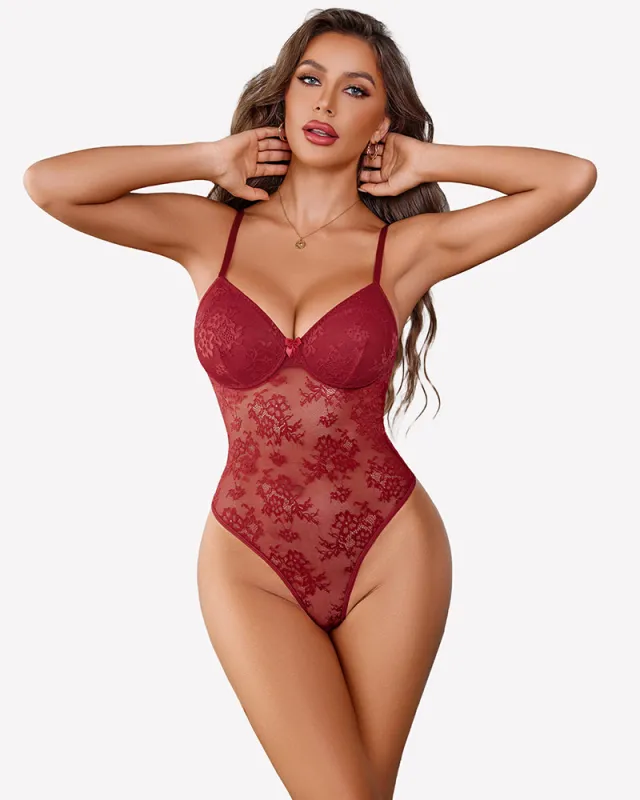 Lace Bodysuit Deep V Snap Crotch One Piece made by Avid Love