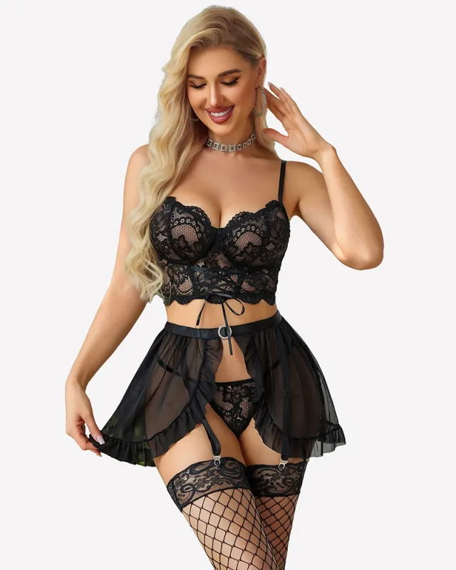 Garter Bralette Open Front Mini Skirt with G-String made by Avid Love