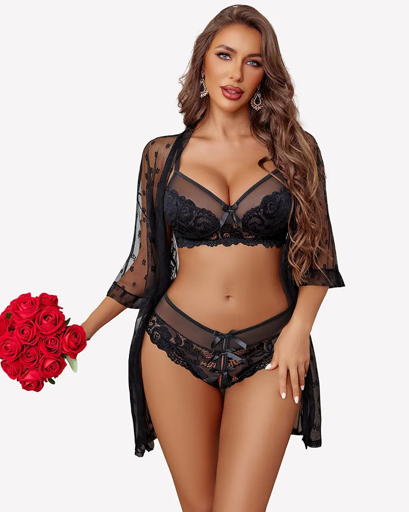3 Piece Lace Kimono Robe with Bra and Panty Set sold by Avid Love