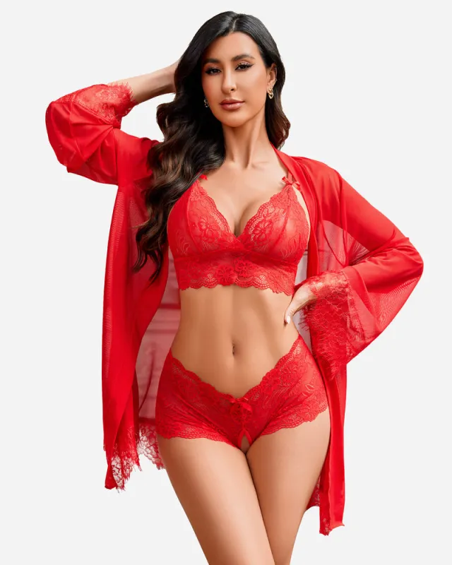 3 Piece Lace Kimono Robe with Bra and Panty made by Avid Love