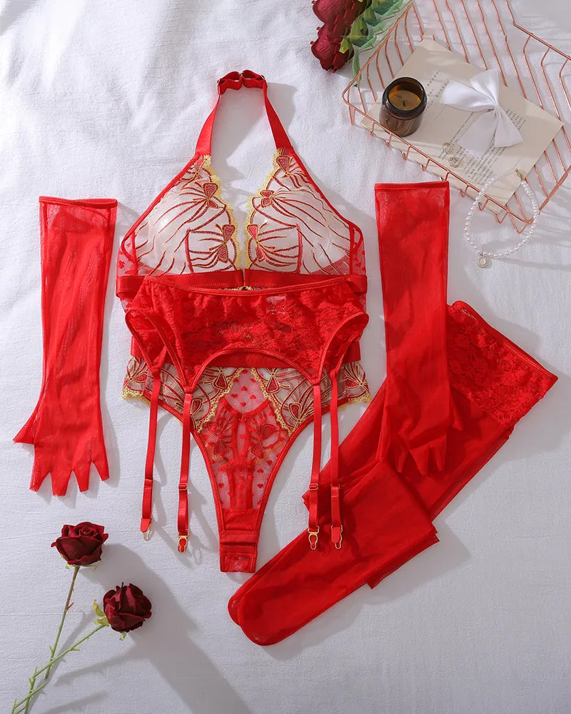 Red Sheer Mesh Butterfly Bodysuit Set sold by Avid Love product image thumbnail 5