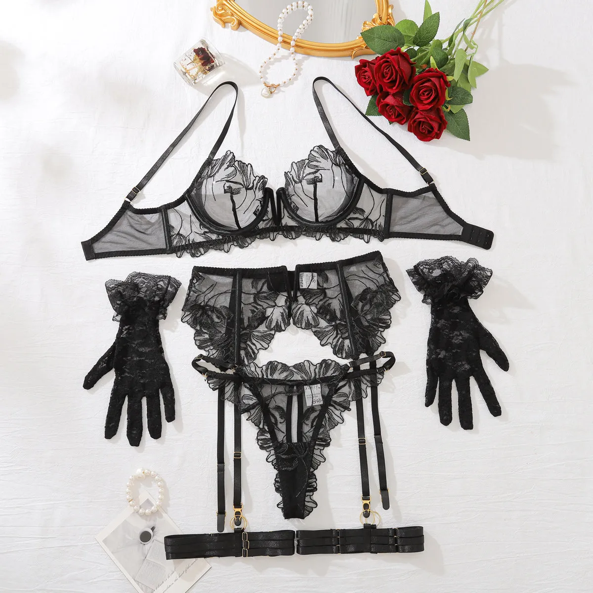 Sheer Floral Lace 5-Piece Gloves Lingerie Set sold by Avid Love product image thumbnail 2