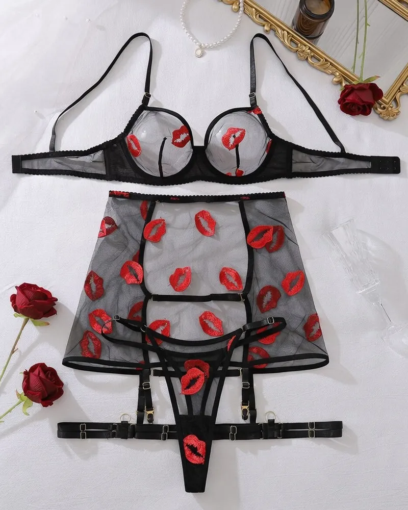 Red Kiss Lip Lace Playful Lingerie Set sold by Avid Love product image thumbnail 4