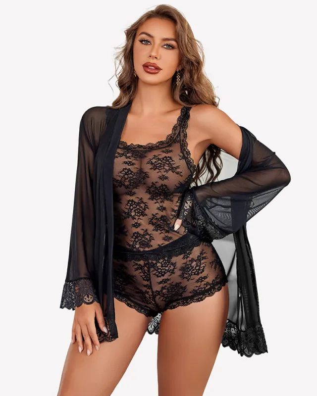 3 Piece Lingerie Set Floral Lace Cami with Robe made by Avid Love