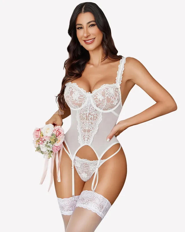 Underwire Corset and Panty Embroidered with Garter Belt sold by Avid Love