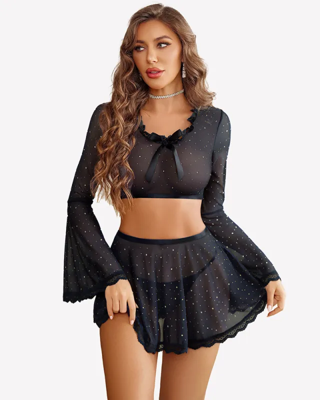 Sparkly Sheer Mesh 3 Piece Bell Sleeve Crop Top with Mini Skirt made by Avid Love