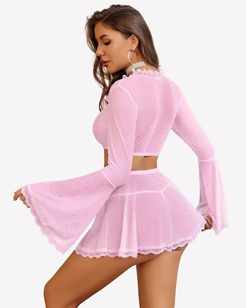 Sparkly Sheer Mesh 3 Piece Bell Sleeve Crop Top with Mini Skirt sold by Avid Love product image thumbnail 5